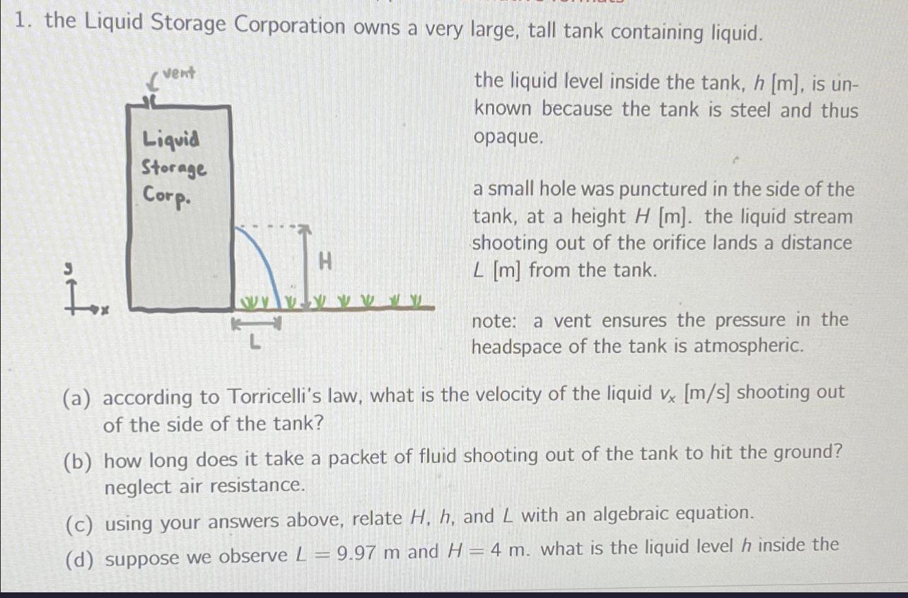 1. the Liquid Storage Corporation owns a very large, tall tank containing liquid. vent Liquid Storage Corp. H
