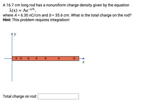A 16.7 cm long rod has a nonuniform charge density given by the equation (x) = Ae-x/b, where A = 6.30 nC/cm