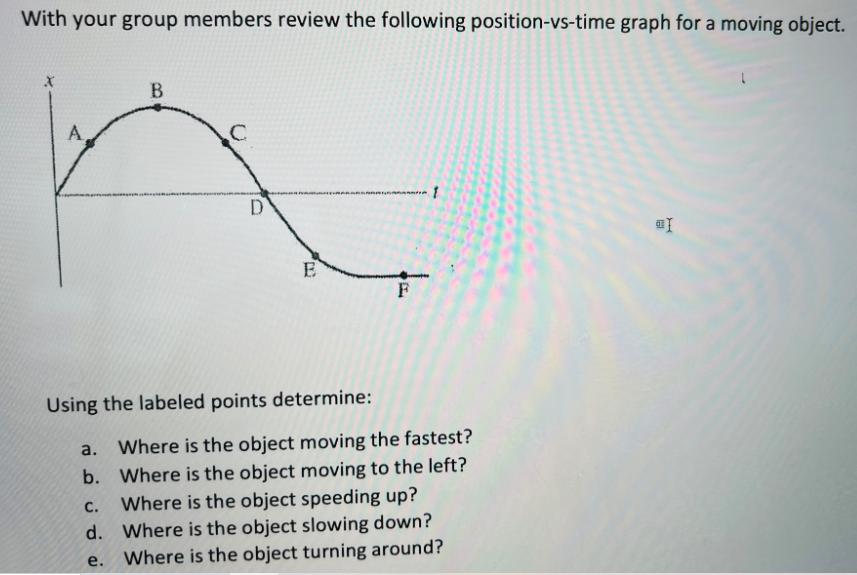 With your group members review the following position-vs-time graph for a moving object. B C D CX3 E F 1