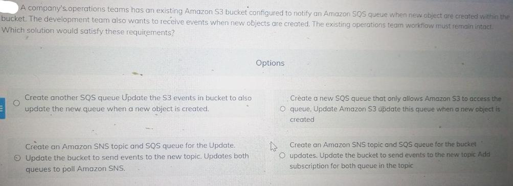 A company's operations teams has an existing Amazon S3 bucket configured to notify an Amazon SQS queue when