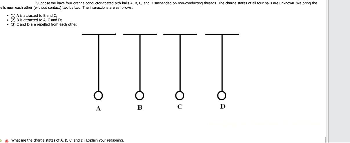 Suppose we have four orange conductor-coated pith balls A, B, C, and D suspended on non-conducting threads.