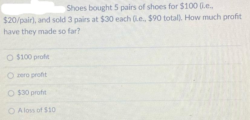Shoes bought 5 pairs of shoes for $100 (i.e., $20/pair), and sold 3 pairs at $30 each (i.e., $90 total). How