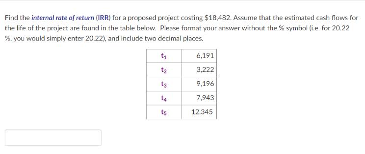 Find the internal rate of return (IRR) for a proposed project costing $18,482. Assume that the estimated cash