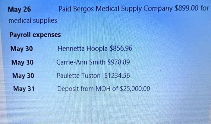 May 26 medical supplies Paid Bergos Medical Supply Company $899.00 for Payroll expenses May 30 May 30 May 30
