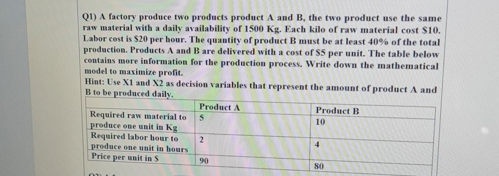 Q1) A factory produce two products product A and B, the two product use the same raw material with a daily