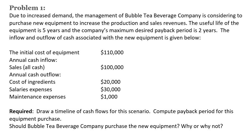 Problem 1: Due to increased demand, the management of Bubble Tea Beverage Company is considering to purchase