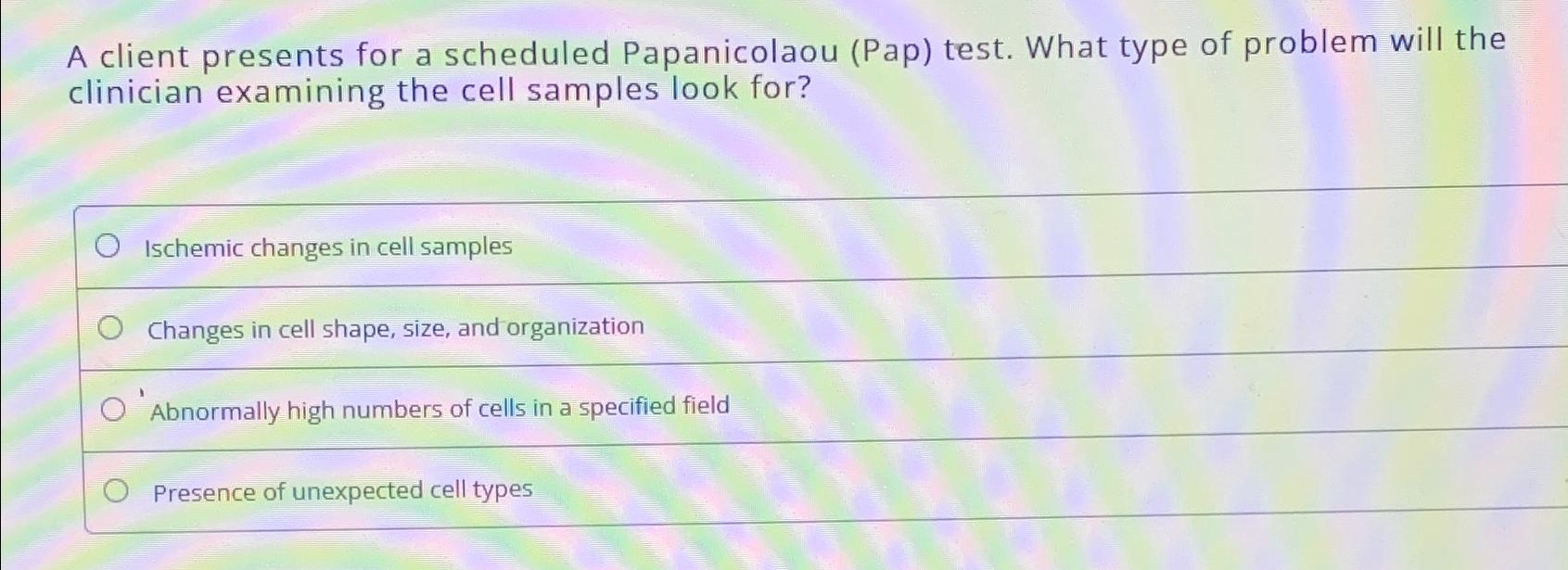A client presents for a scheduled Papanicolaou (Pap) test. What type of problem will the clinician examining