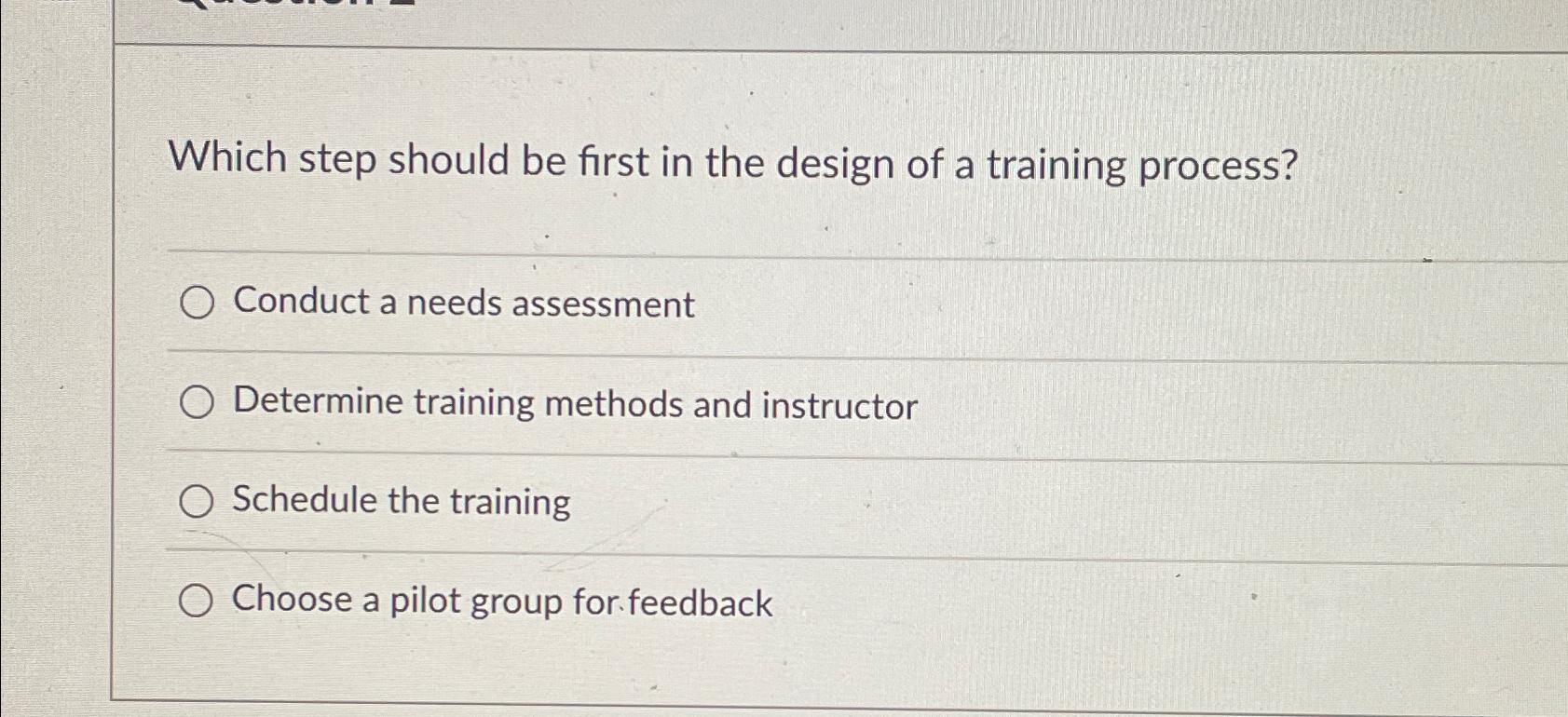 Which step should be first in the design of a training process? Conduct a needs assessment O Determine