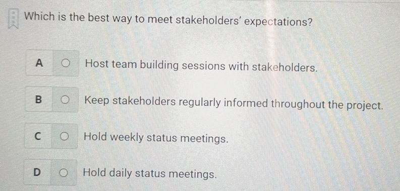 A Which is the best way to meet stakeholders' expectations? A O Host team building sessions with