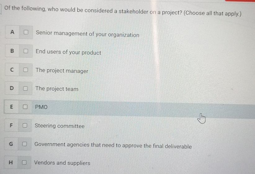 Of the following, who would be considered a stakeholder on a project? (Choose all that apply.) A B C D E F