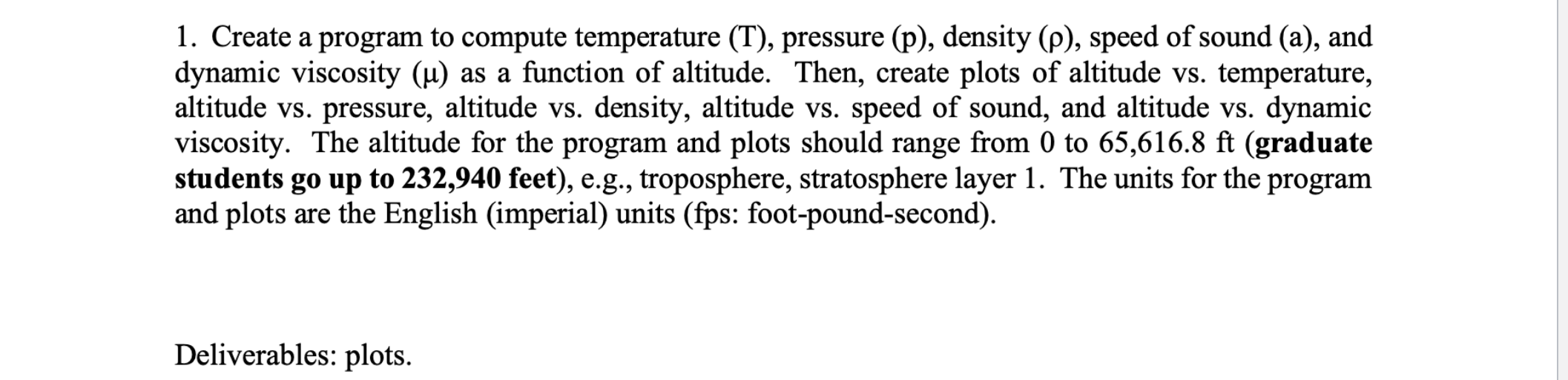1. Create a program to compute temperature (T), pressure (p), density (p), speed of sound (a), and dynamic