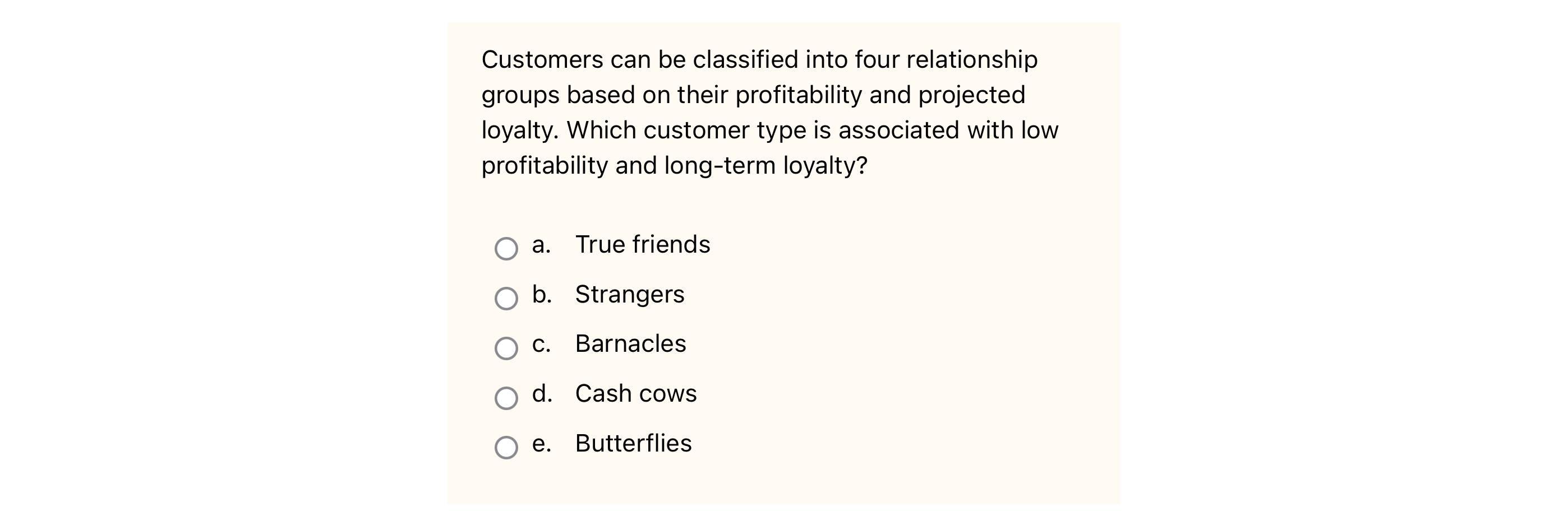 Customers can be classified into four relationship groups based on their profitability and projected loyalty.