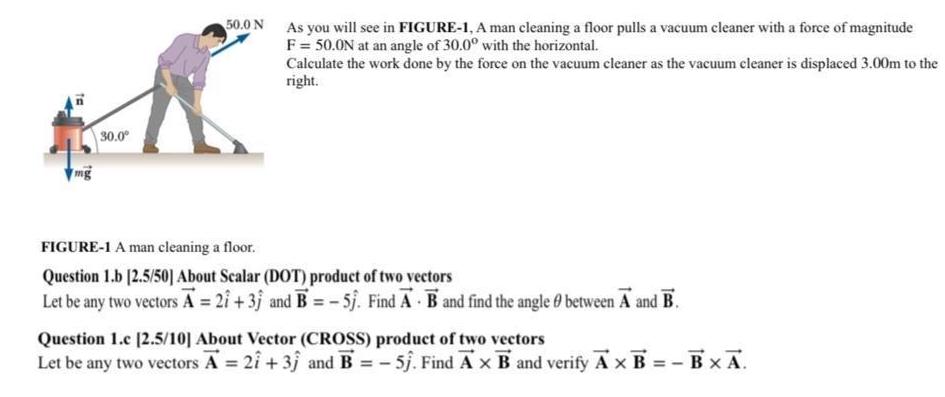 50.0 N As you will see in FIGURE-1, A man cleaning a floor pulls a vacuum cleaner with a force of magnitude F