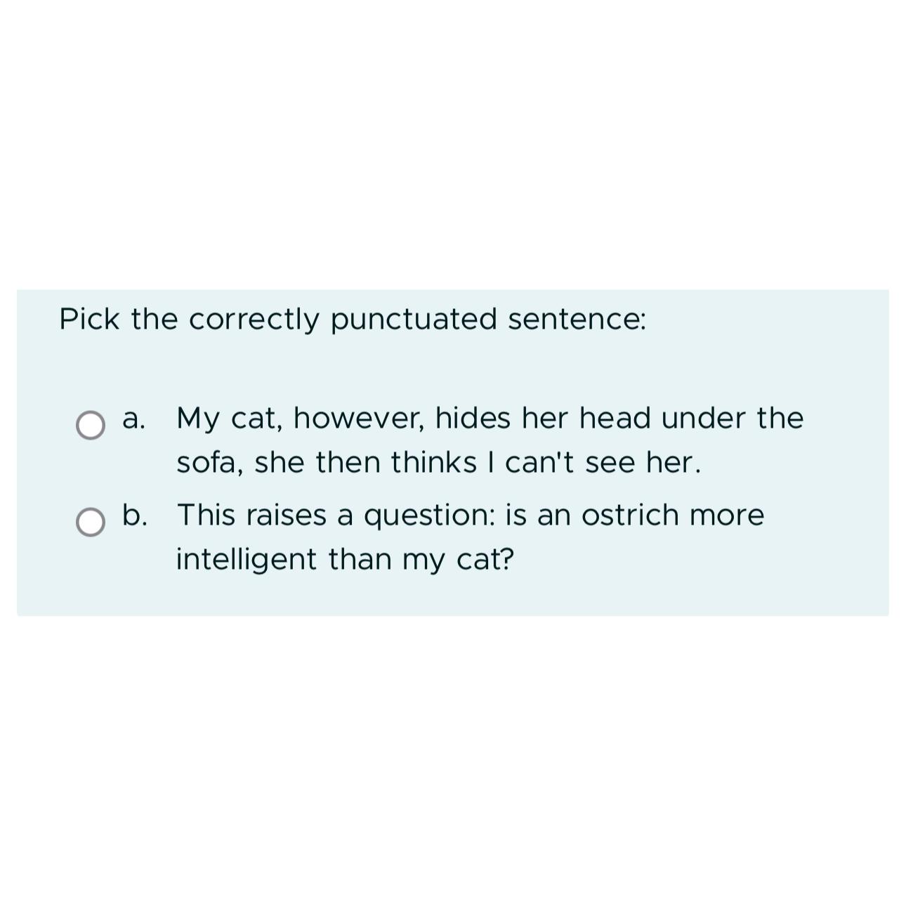 Pick the correctly punctuated sentence: a. My cat, however, hides her head under the sofa, she then thinks I