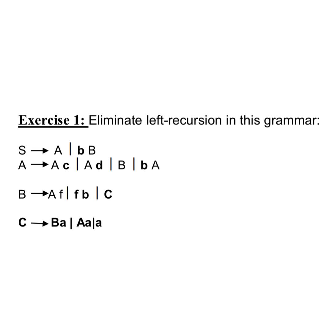 Exercise 1: Eliminate left-recursion in this grammar: S Ab B A Ac | Ad|B | bA B-Af|fb|c CBa| Aala