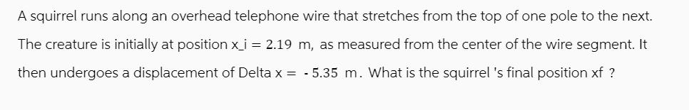 A squirrel runs along an overhead telephone wire that stretches from the top of one pole to the next. The