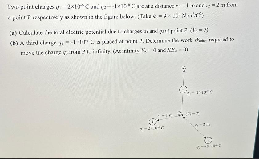 Two point charges q1 = 2x10-6 C and q2 = -1106 C are at a distance r = 1 m and r2 = 2 m from a point P
