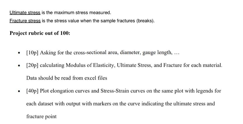 Ultimate stress is the maximum stress measured. Fracture stress is the stress value when the sample fractures