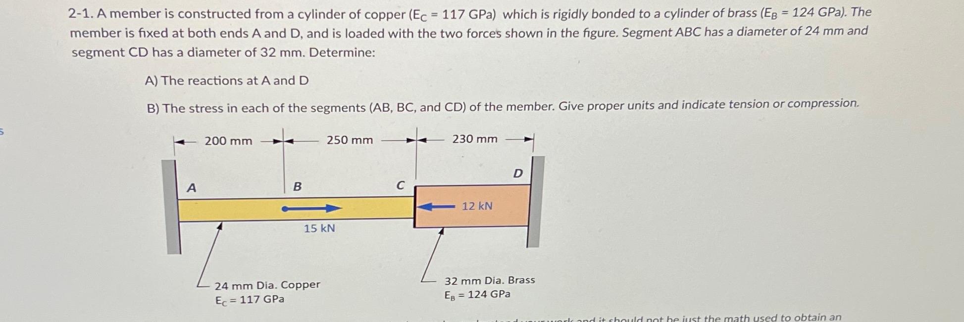5 2-1. A member is constructed from a cylinder of copper (Ec = 117 GPa) which is rigidly bonded to a cylinder