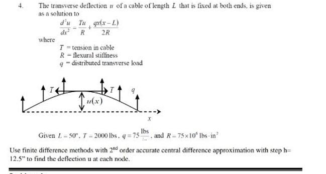 4. The transverse deflection of a cable of length I that is fixed at both ends, is given as a solution to d'u