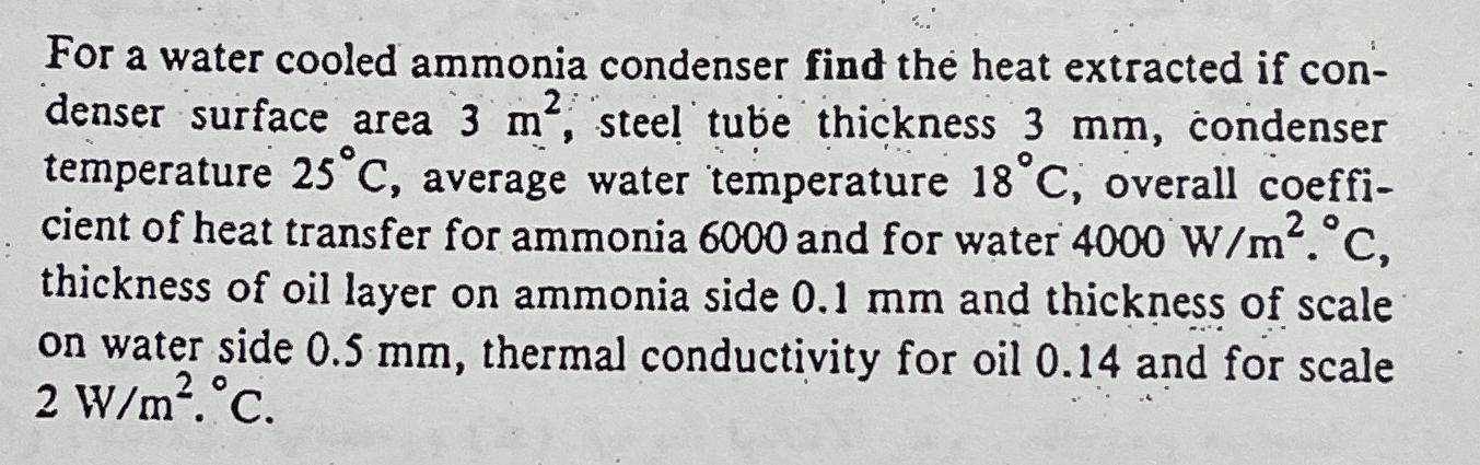 For a water cooled ammonia condenser find the heat extracted if con- denser surface area 3 m, steel tube