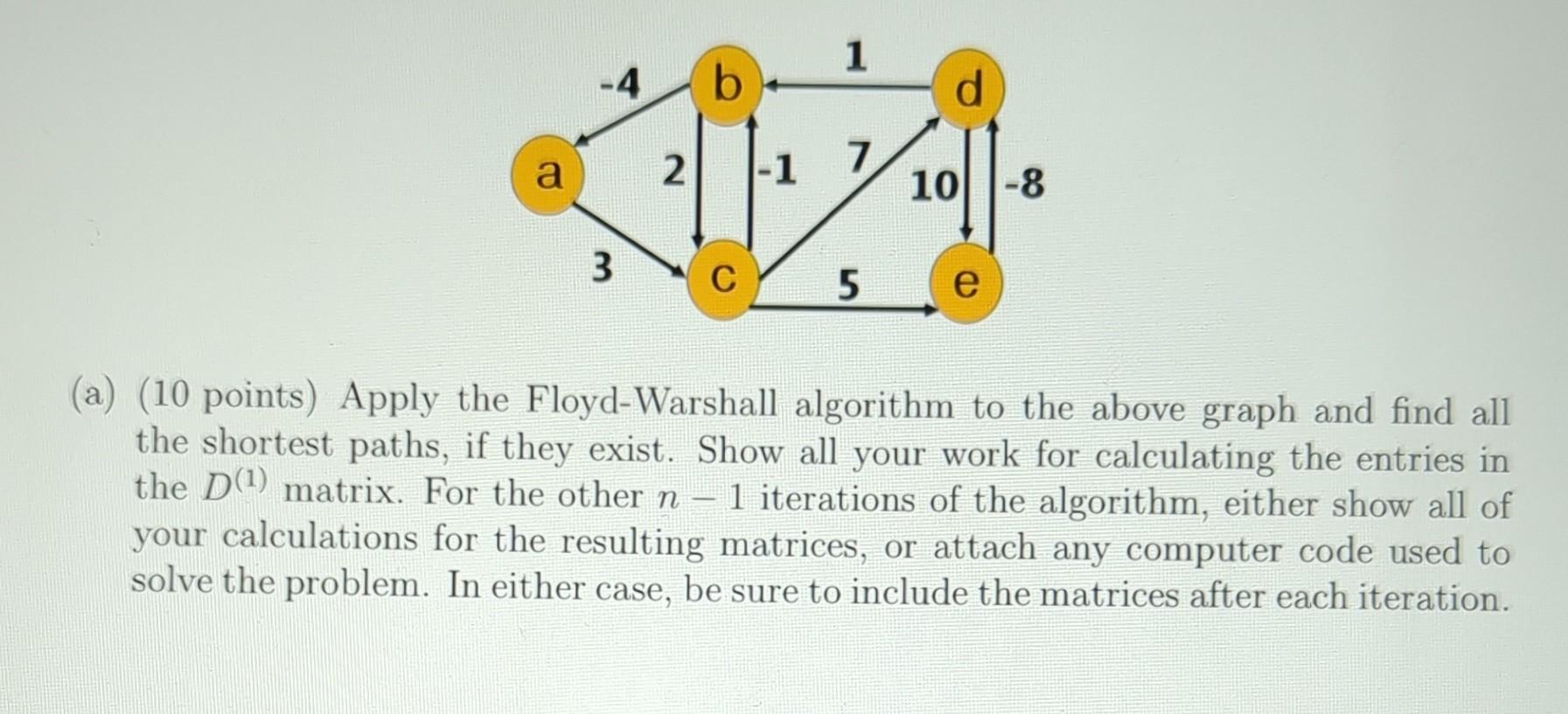 (a) (10 points) Apply the Floyd-Warshall algorithm to the above graph and find all the shortest paths, if they exist. Show al