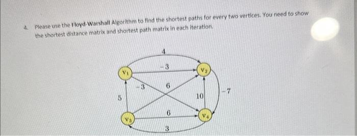 4. Please use the Floyd-Warshall Algorithm to find the shortest paths for every two vertices. You need to show the shortest d