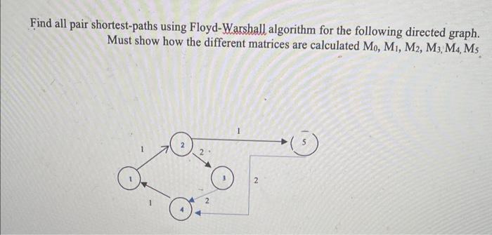 Find all pair shortest-paths using Floyd-Warshall algorithm for the following directed graph. Must show how the different mat