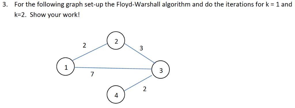 3. For the following graph set-up the Floyd-Warshall algorithm and do the iterations for k = 1 and k-2. Show your work! 4 