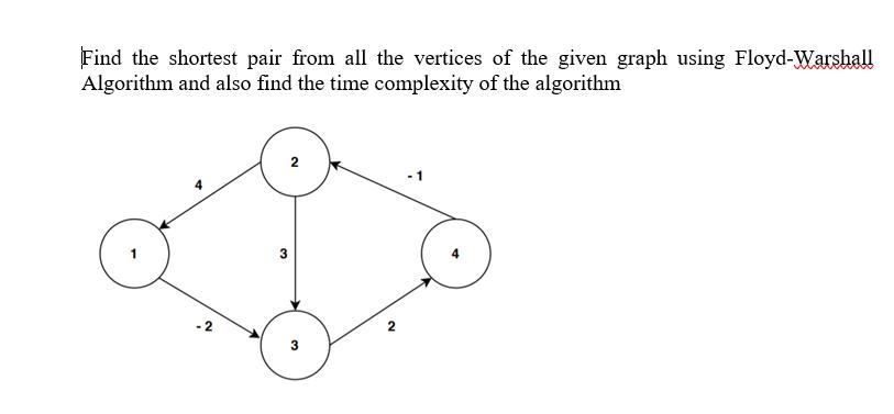 Find the shortest pair from all the vertices of the given graph using Floyd-Warshall Algorithm and also find the time complex