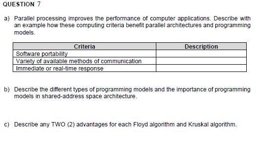 QUESTION 7 a) Parallel processing improves the performance of computer applications. Describe with an example how these compu