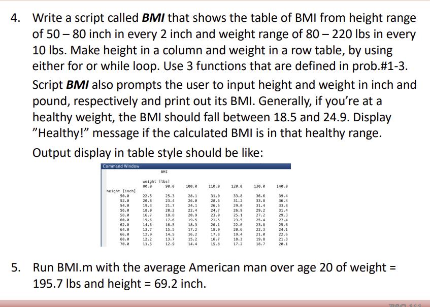 Write a script called \( \mathbf{B M I} \) that shows the table of BMI from height range of \( 50-80 \) inch in every 2 inch 