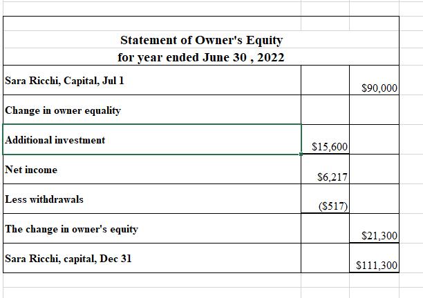 \begin{tabular}{|l|l|l|} \hline \multicolumn{1}{|c|}{ Statement of Owners Equity } & \multicolumn{1}{l|}{} \\ \multicolumn{1