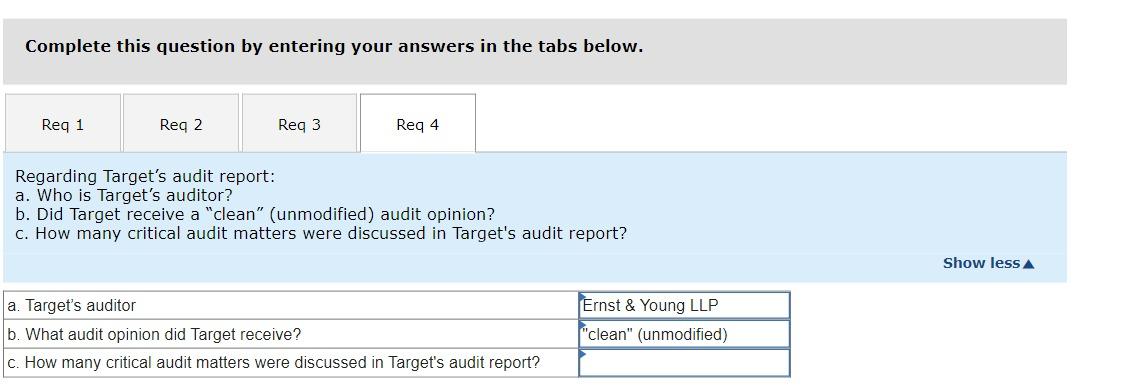 Complete this question by entering your answers in the tabs below. Regarding Targets audit report: a. Who is Targets audito