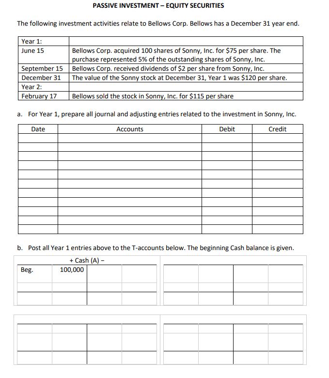 The following investment activities relate to Bellows Corp. Bellows has a December 31 year end. a. For Year 1, prepare all jo
