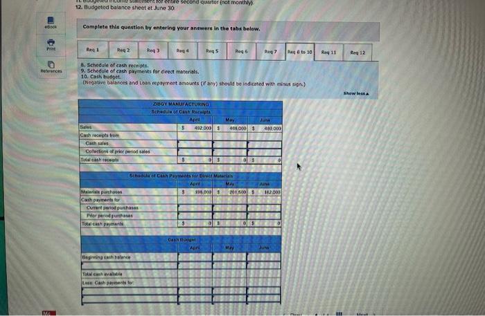 12. Budgeted balance sheet at June 30 . Complete this question by entering your answers in the tabs below. 6. Schedule of cas