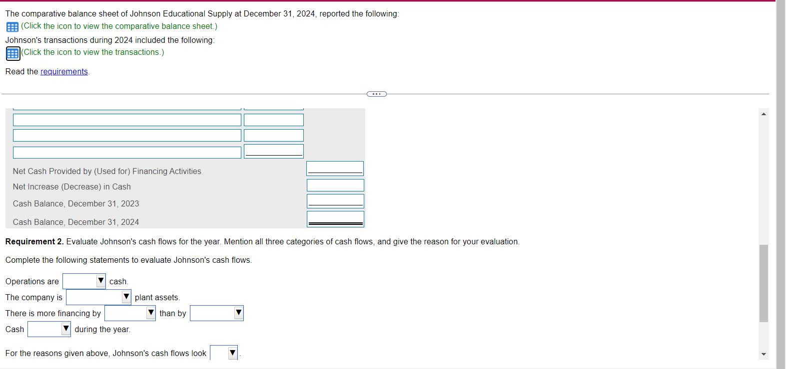The comparative balance sheet of Johnson Educational Supply at December 31, 2024, reported the following: (Click the icon to