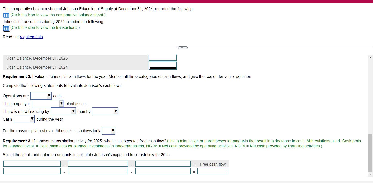 The comparative balance sheet of Johnson Educational Supply at December 31, 2024, reported the following: (Click the icon to