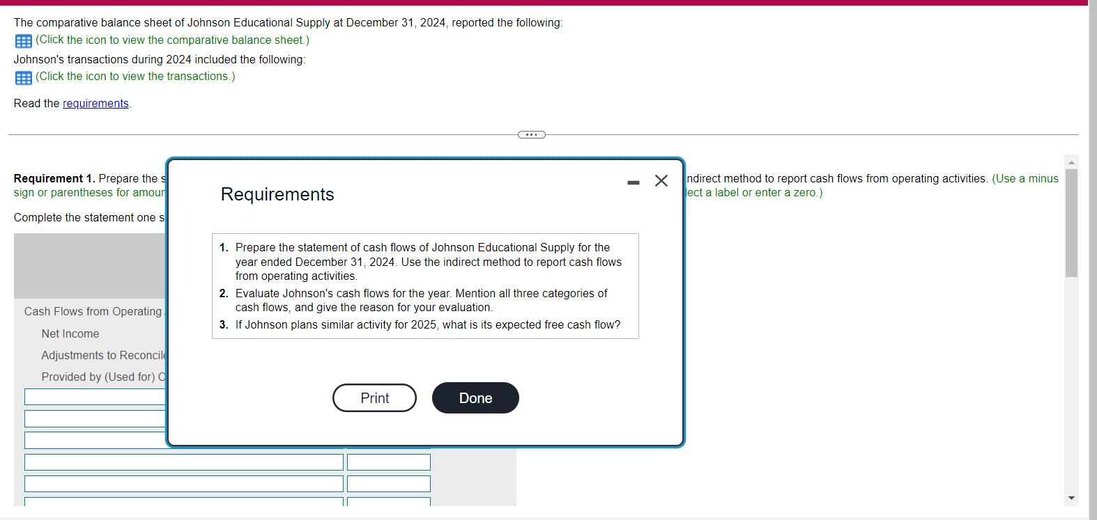 The comparative balance sheet of Johnson Educational Supply at December 31, 2024, reported the following: (Click the icon to