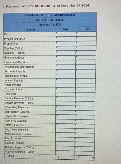 4. Prepare an adjusted trial balance as of December \( 31,2024 \).