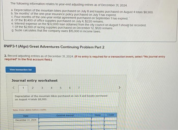 The following information relates to year-end adjusting entries as of December \( 31,2024 \). a Depreciation of the mountain