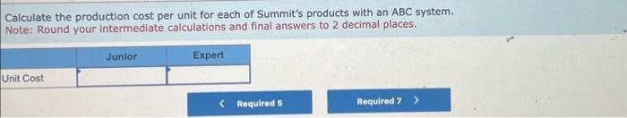 Calculate the production cost per unit for each of Summits products with an \( A B C \) system. Note: Round your intermediat