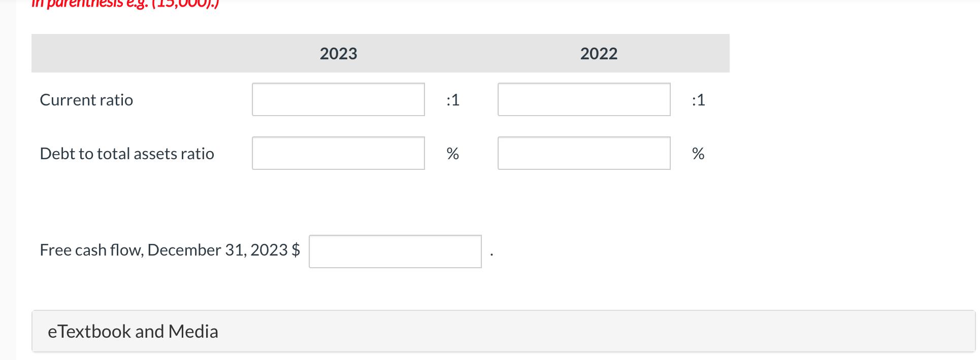 Current ratio 2023 2022 Debt to total assets ratio \( \% \) \( \% \) Free cash flow, December 31, \( 2023 \$ \) eTextbook and