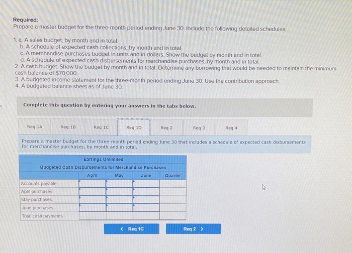Required: Prepare a master budget for the three-month period ending June 30 . Include the following detailed schedules: 1. a.