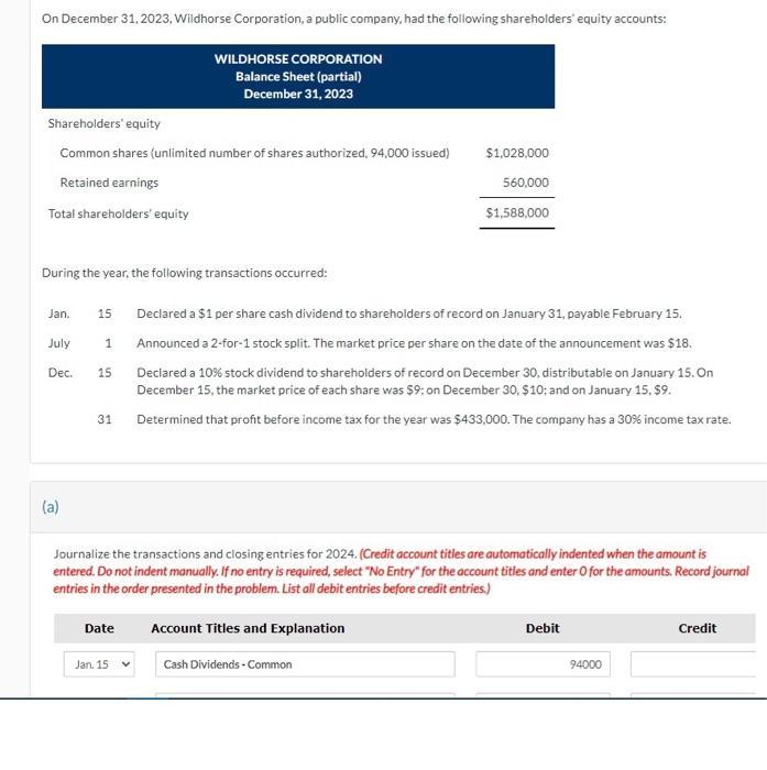 On December 31,2023 , Wildhorse Corporation, a public company, had the following shareholders equity accounts: During the ye