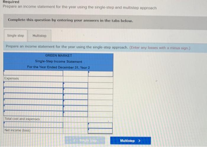 required Prepare an income statement for the year using the single-step and multistep approach Complete this question by ente