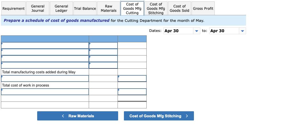 Prepare a schedule of cost of goods manufactured for the Cutting Department for the month of May.