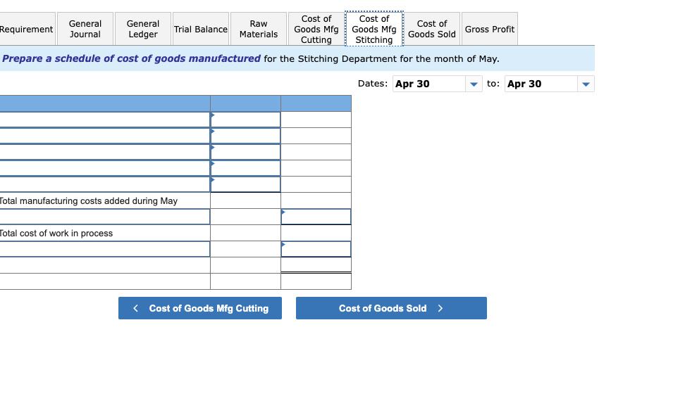Prepare a schedule of cost of goods manufactured for the Stitching Department for the month of May.