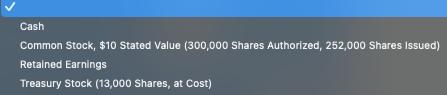 Cash Common Stock, \( \$ 10 \) Stated Value (300,000 Shares Authorized, 252,000 Shares Issued) Retained Earnings Treasury Sto