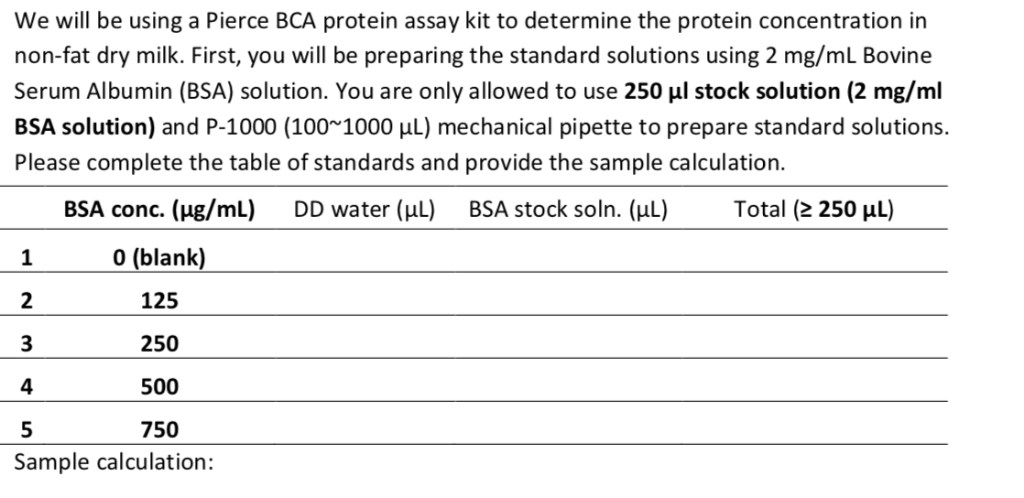 We will be using a Pierce BCA protein assay kit to determine
